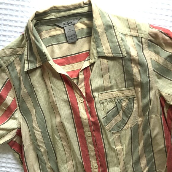 Ruffle Sleeve Button Down Shirt Striped Metallic M IB Diffusion - Picture 6 of 8